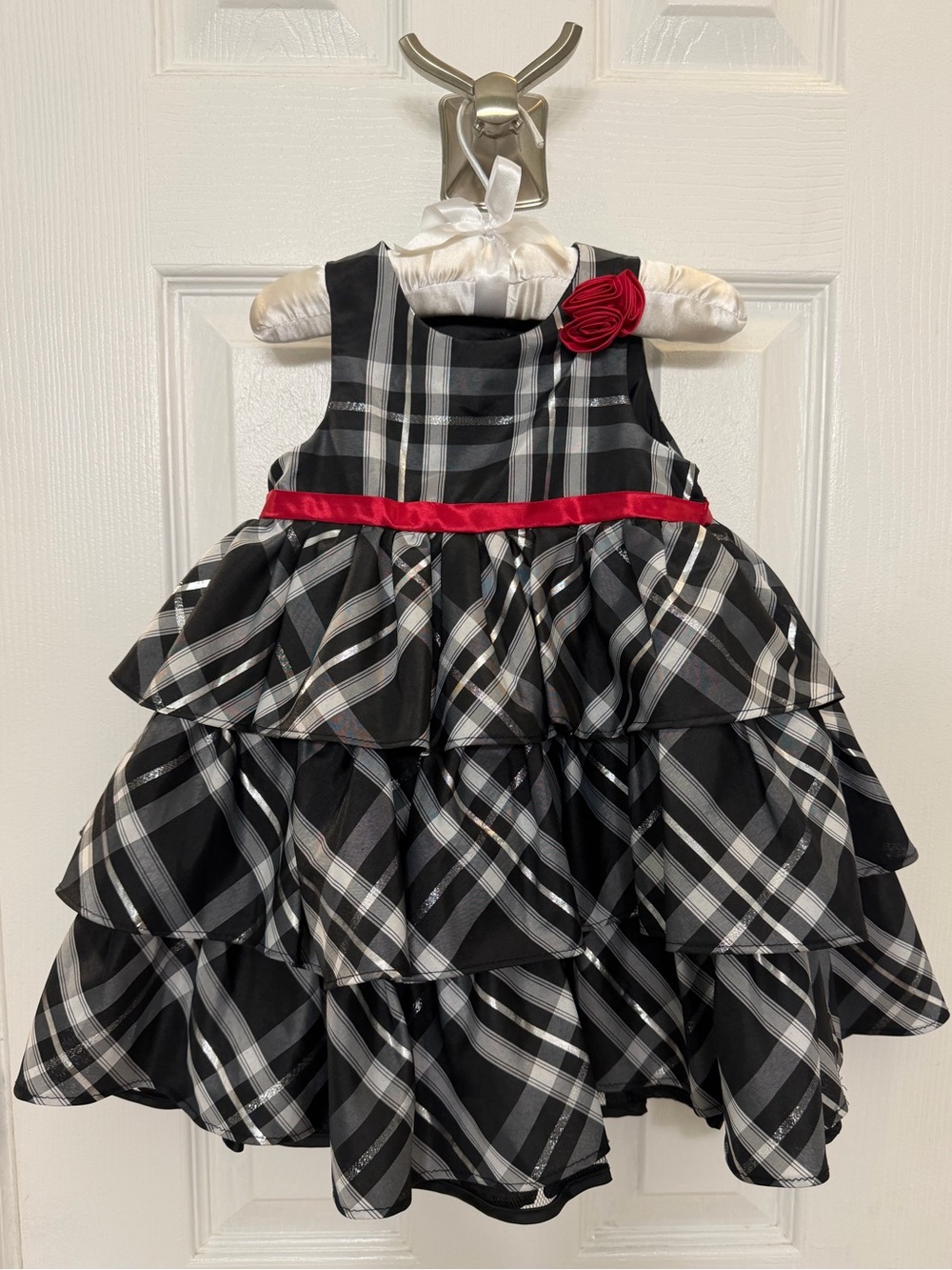 Cherokee Toddler Girls Black & White Plaid & Red Rosette Tiered Party Dress 18M